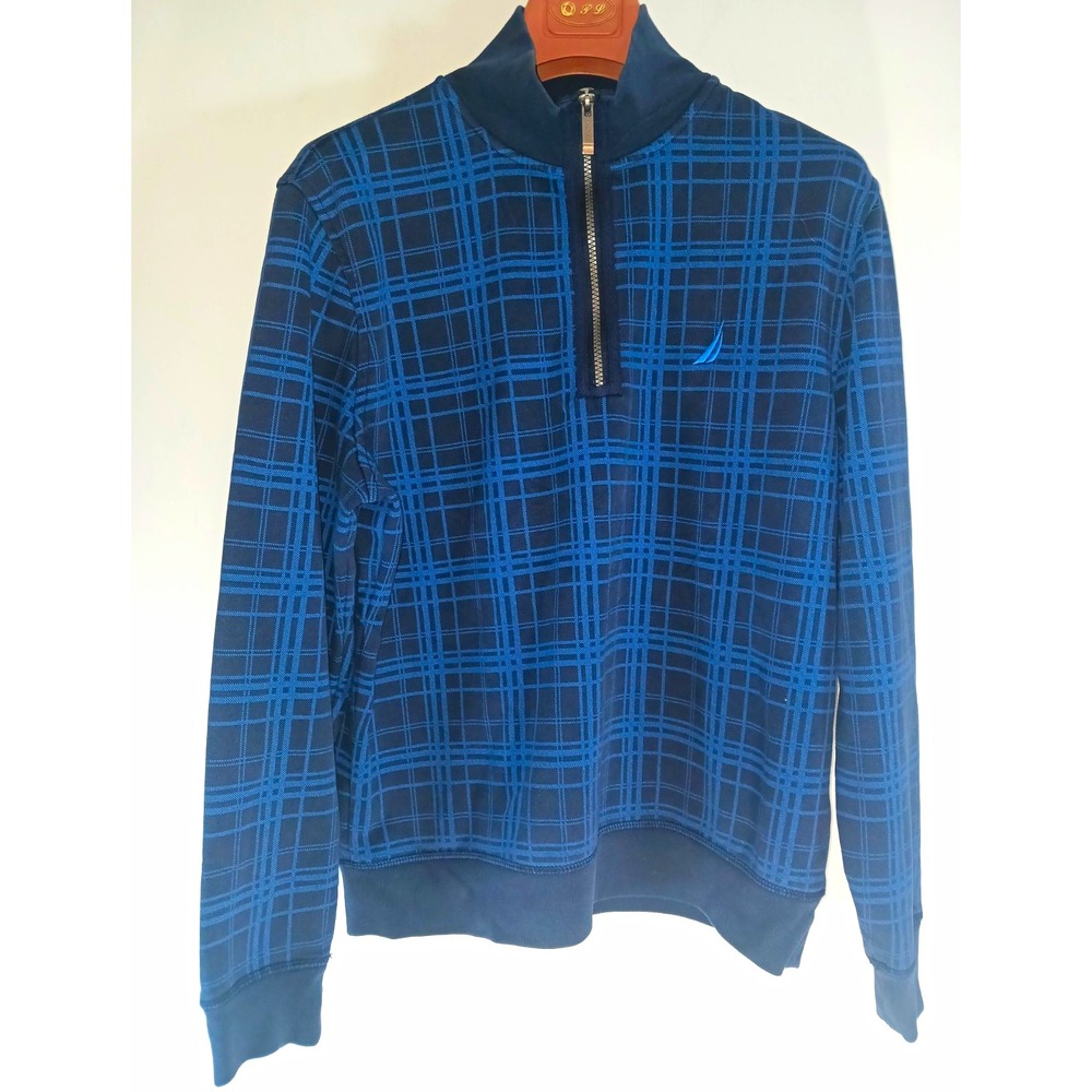 Nautica Men's Blue Plaid Fleece 1/4 Zip Mock Neck Pullover Sweatshirt M